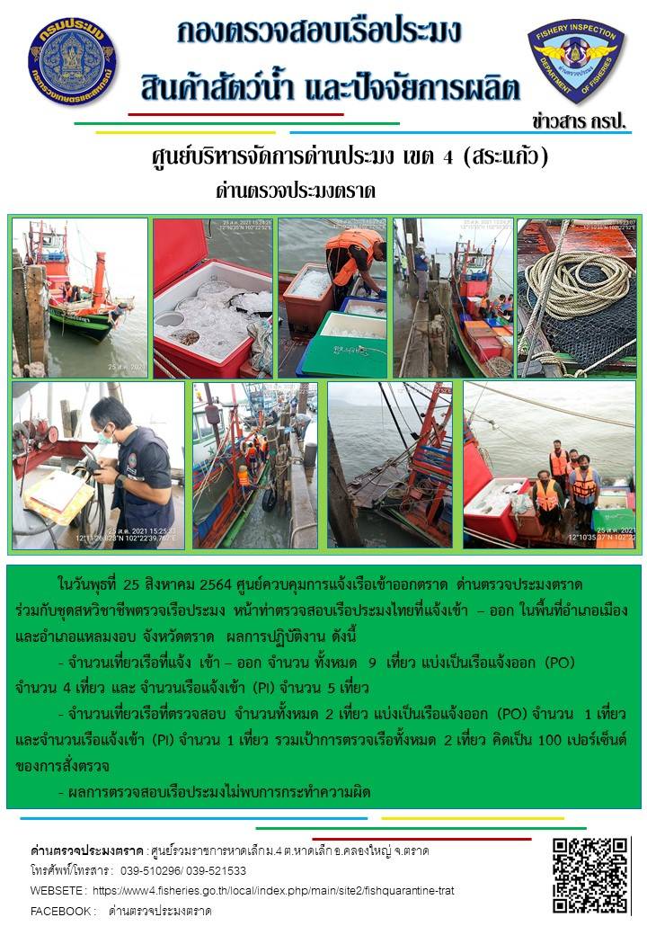 วันที่ 25 สิงหาคม 2564 ด่านตรวจประมงตราด  ตรวจสอบการนำเข้า – ส่งออกสินค้าสัตว์น้ำ ณ จุดผ่านแดนถาวรบ้านหาดเล็ก อำเภอคลองใหญ่ จังหวัดตราด และ ตรวจสอบเรือประมงไทย ที่แจ้งเข้า - ออกผ่านระบบ Fishing info2 ร่วมกับชุดสหวิชาชีพ กรมเจ้าท่า กรมจัดหางาน กรมสวัสดิการ และคุ้มครองแผนงาน และล่ามภาษากัมพูชา เขตพื้นที่อำเภอคลองใหญ่ อำเภอเมืองและอำเภอแหลมงอบ จังหวัดตราด..คลิก