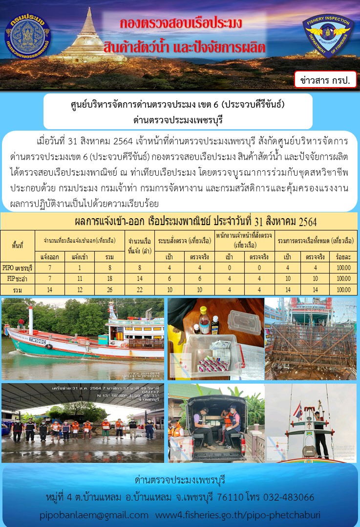 ข่าวประชาสัมพันธ์ ด่านตรวจประมงเพชรบุรี สถิติเรือที่แจ้งเข้า - ออก ประจำวันที่ 31 ส.ค. 2564..คลิก