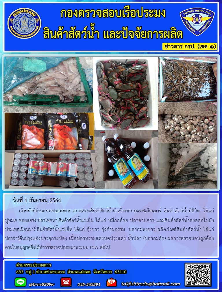 วันที่ 1 กันยายน 2564   	เจ้าหน้าที่ด่านตรวจประมงตาก ตรวจสอบสินค้าสัตว์น้ำนำเข้าจากประเทศเมียนมาร์  สินค้าสัตว์น้ำมีชีวิต  ได้แก่      ปูทะเล หอยแครง ปลาไหลนา สินค้าสัตว์น้ำแช่เย็น ได้แก่ หมึกกล้วย ปลาดาบลาว และสินค้าสัตว์น้ำส่งออกไปยัง       ประเทศเมียนมาร์ สินค้าสัตว์น้ำแช่เย็น ได้แก่ กุ้งขาว กุ้งก้ามกราม  ปลากะพงขาว ผลิตภัณฑ์สินค้าสัตว์น้ำ ได้แก่           ปลาซาร์ดีนปรุงแต่งบรรจุกระป๋อง เนื้อปลาทรายแดงบดปรุงแต่ง น้ำปลา (ปลากะตัก) ผลการตรวจสอบถูกต้อง                  ตามใบอนุญาตจึงได้ทำการตรวจปล่อยผ่านระบบ FSW ต่อไป..คลิก