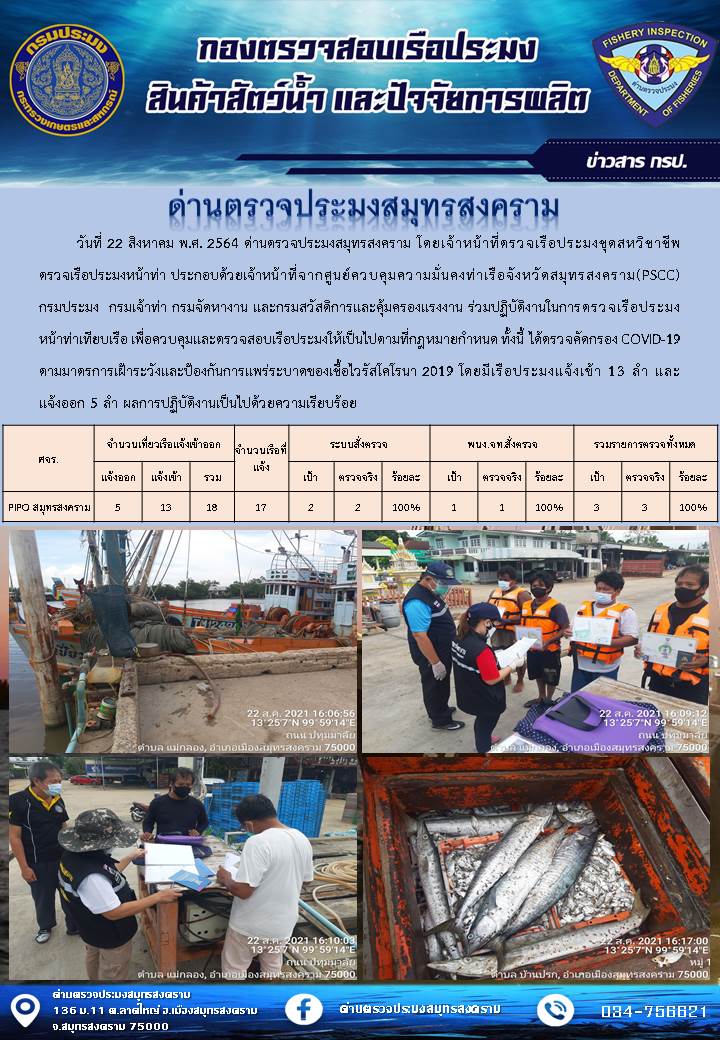 สถิติการแจ้งเข้า - ออกเรือประมงพาณิชย์ ด่านตรวจประมงสมุทรสงคราม ประจำวันที่ 22 สิงหาคม 2564..คลิก