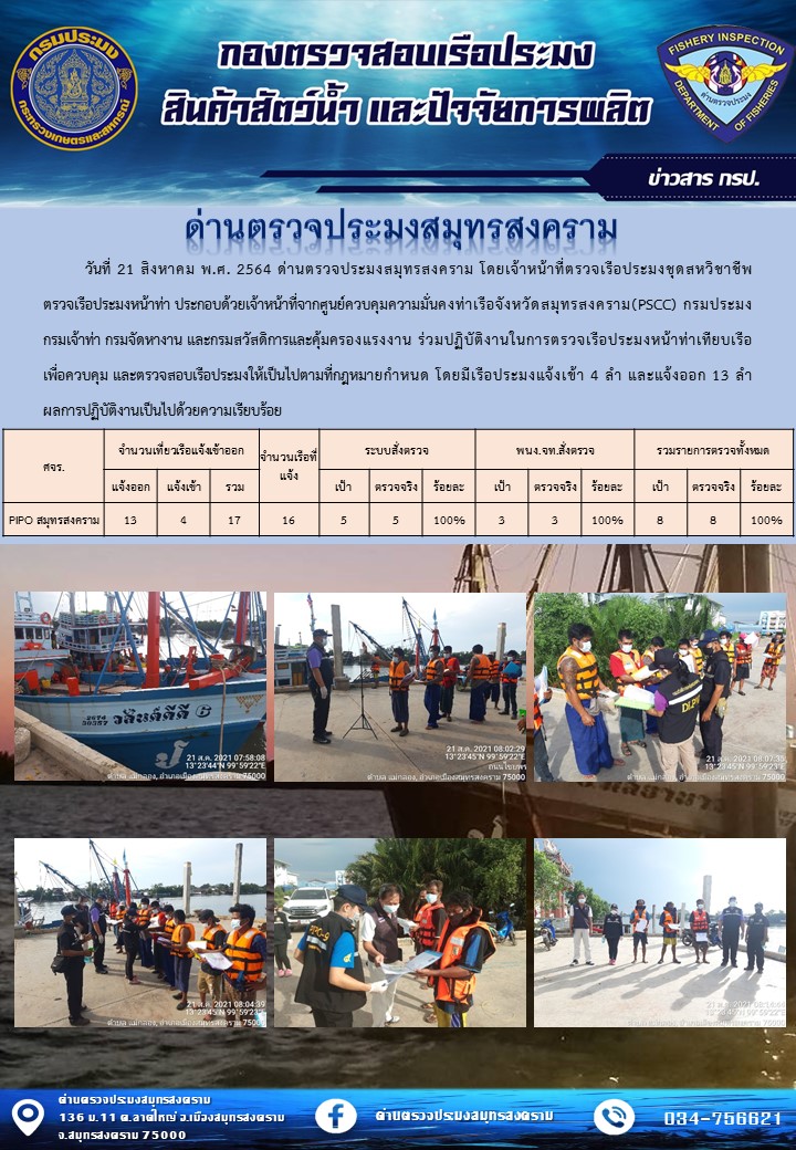 สถิติการแจ้งเข้า - ออกเรือประมงพาณิชย์ ด่านตรวจประมงสมุทรสงคราม ประจำวันที่ 21 สิงหาคม 2564..คลิก