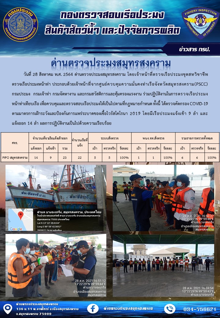 สถิติการแจ้งเข้า - ออกเรือประมงพาณิชย์ ด่านตรวจประมงสมุทรสงคราม ประจำวันที่ 28 สิงหาคม 2564..คลิก