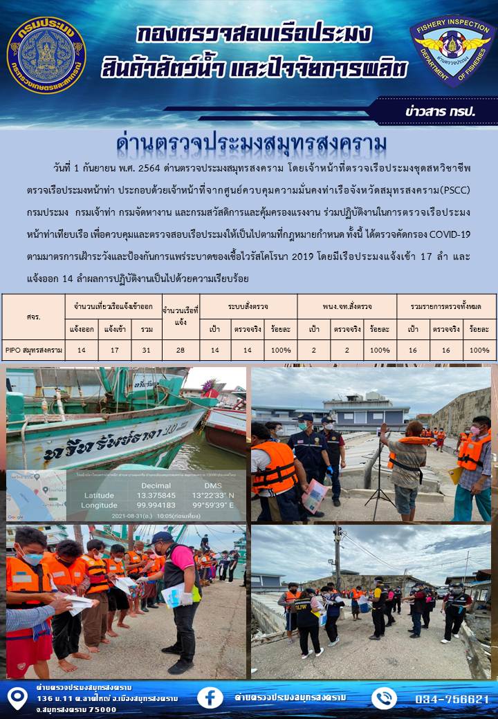 สถิติการแจ้งเข้า - ออกเรือประมงพาณิชย์ ด่านตรวจประมงสมุทรสงคราม ประจำวันที่ 1 กันยายน 2564..คลิก