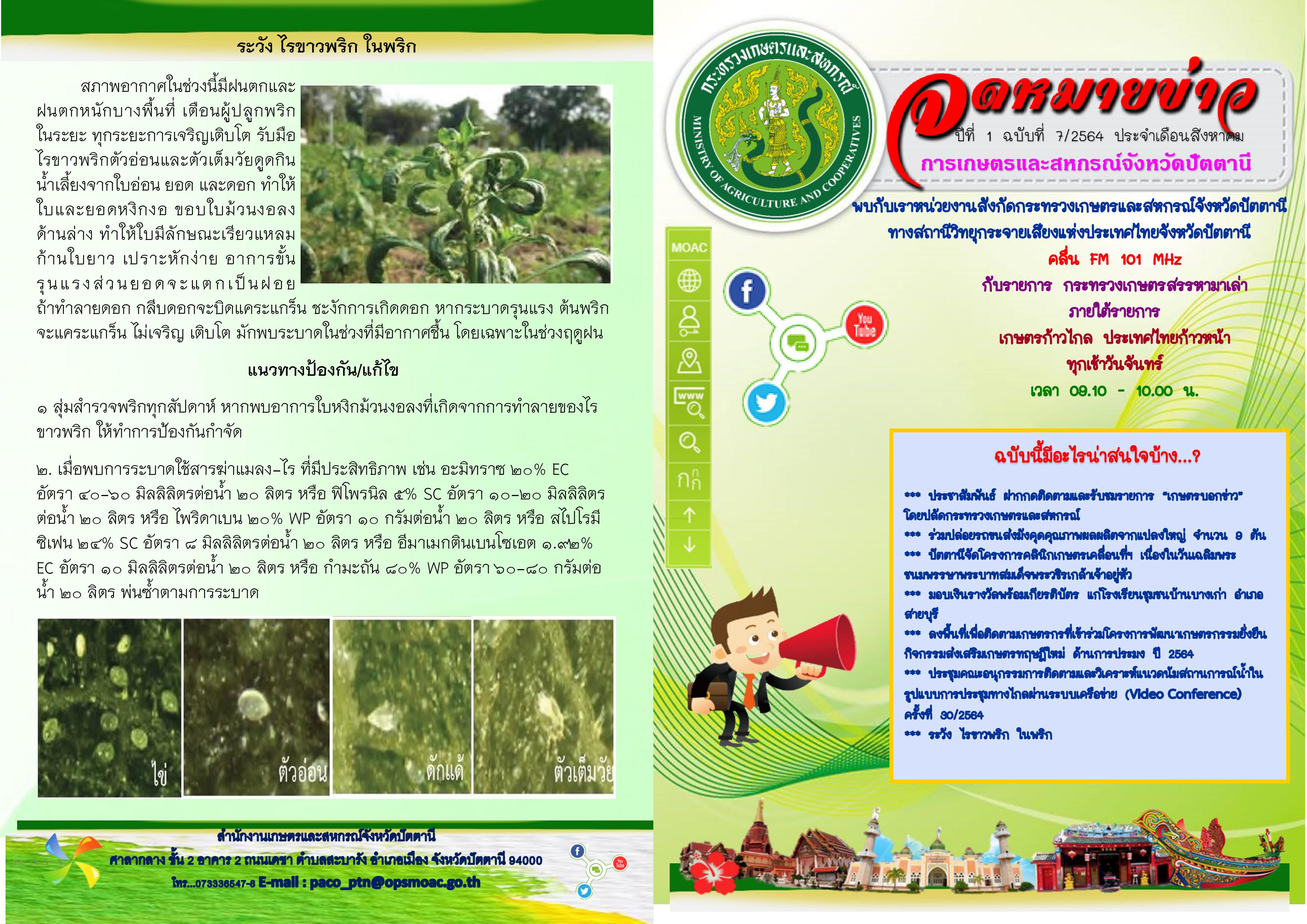 จดหมายข่าวการเกษตรและสหกรณ์จังหวัดปัตตานี ประจำเดือนสิงหาคม 2564..คลิก