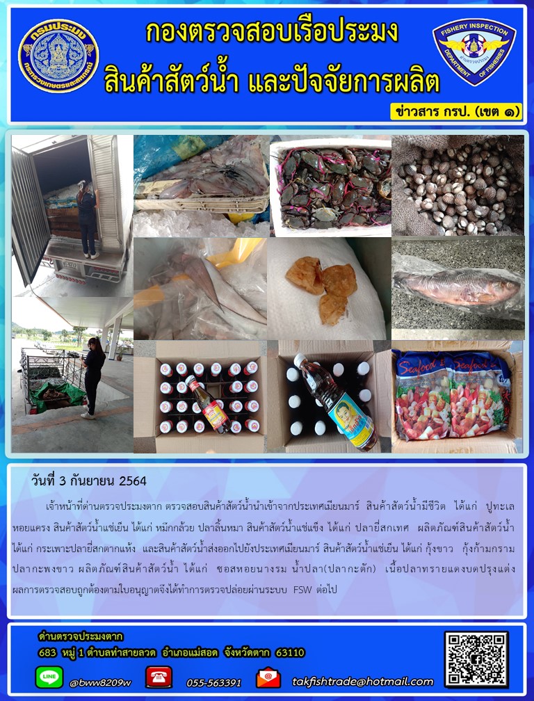 วันที่ 3 กันยายน 2564   	เจ้าหน้าที่ด่านตรวจประมงตาก ตรวจสอบสินค้าสัตว์น้ำนำเข้าจากประเทศเมียนมาร์  สินค้าสัตว์น้ำมีชีวิต  ได้แก่  ปูทะเล หอยแครง สินค้าสัตว์น้ำแช่เย็น ได้แก่ หมึกกล้วย ปลาลิ้นหมา สินค้าสัตว์น้ำแช่แข็ง ได้แก่ ปลายี่สกเทศ  ผลิตภัณฑ์สินค้าสัตว์น้ำ ได้แก่ กระเพาะปลายี่สกตากแห้ง  และสินค้าสัตว์น้ำส่งออกไปยังประเทศเมียนมาร์ สินค้าสัตว์น้ำแช่เย็น ได้แก่ กุ้งขาว  กุ้งก้ามกราม  ปลากะพงขาว ผลิตภัณฑ์สินค้าสัตว์น้ำ ได้แก่  ซอสหอยนางรม น้ำปลา(ปลากะตัก)  เนื้อปลาทรายแดงบดปรุงแต่ง                            ผลการตรวจสอบถูกต้องตามใบอนุญาตจึงได้ทำการตรวจปล่อยผ่านระบบ FSW ต่อไป..คลิก