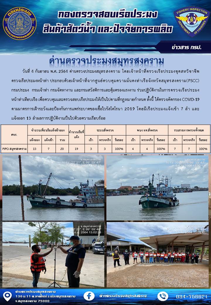 สถิติการแจ้งเข้า - ออกเรือประมงพาณิชย์ ด่านตรวจประมงสมุทรสงคราม ประจำวันที่ 4 กันยายน 2564..คลิก
