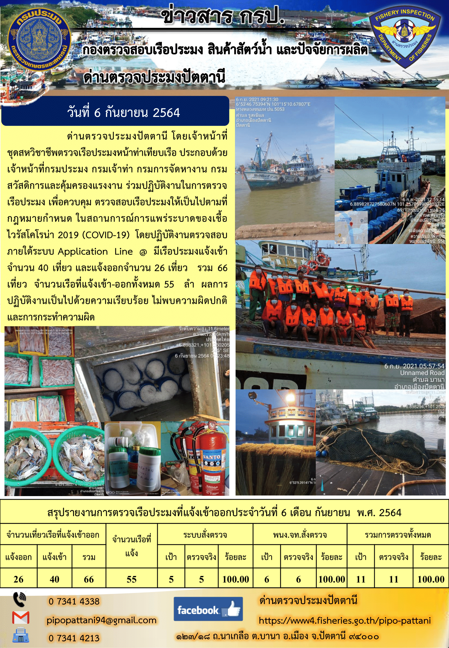 ข่าวสารการปฏิบัติงาน ด่านตรวจประมงปัตตานี 6 ก.ย. 64..คลิก