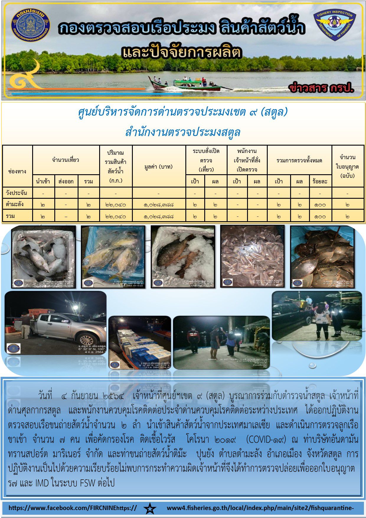 ประชาสัมพันธ์การปฏิบัติงานศูนย์บริหารจัดการด่านตรวจประมงเขต 9 (สตูล) ประจำวันที่ 1-5 กันยายน 2564..คลิก