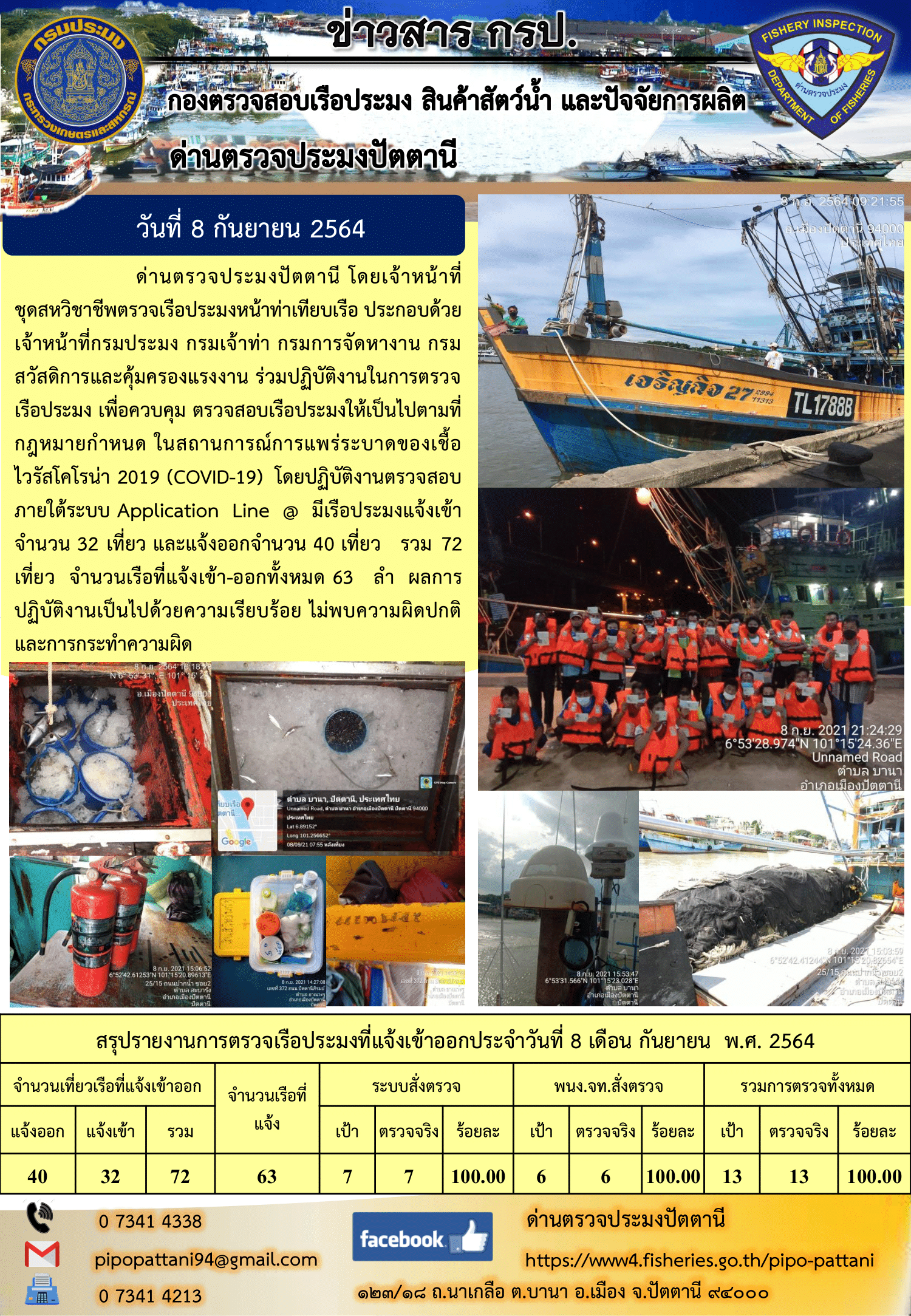 ข่าวสารการปฏิบัติงาน ด่านตรวจประมงปัตตานี 8 ก.ย. 64..คลิก