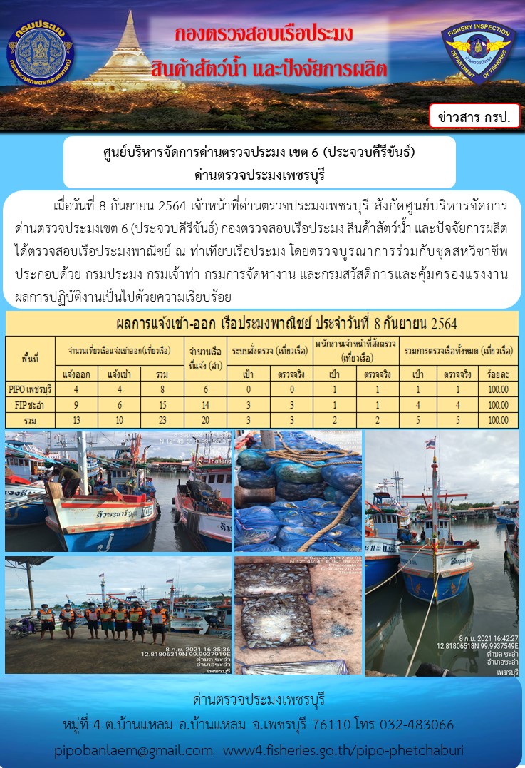 ข่าวประชาสัมพันธ์ ด่านตรวจประมงเพชรบุรี สถิติเรือที่แจ้งเข้า - ออก ประจำวันที่ 8 ก.ย. 2564..คลิก