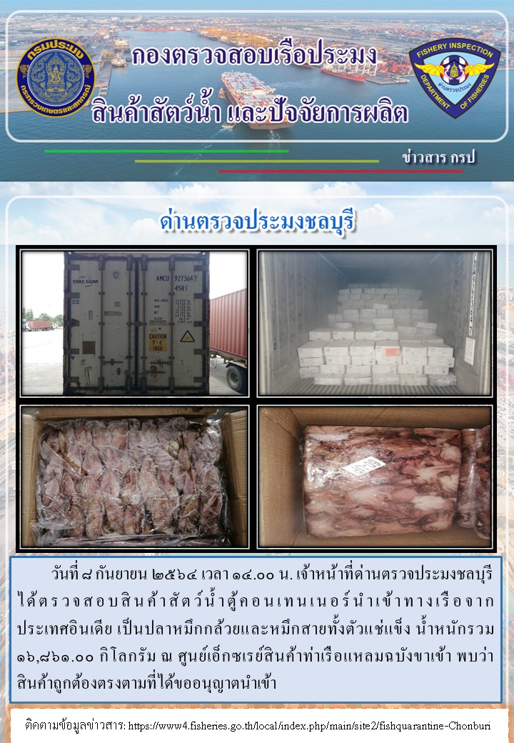การปฏิบัติงานของเจ้าหน้าที่ด่านตรวจประมงชลบุรีประจำวันที่ 8 กันยายน 2564..คลิก
