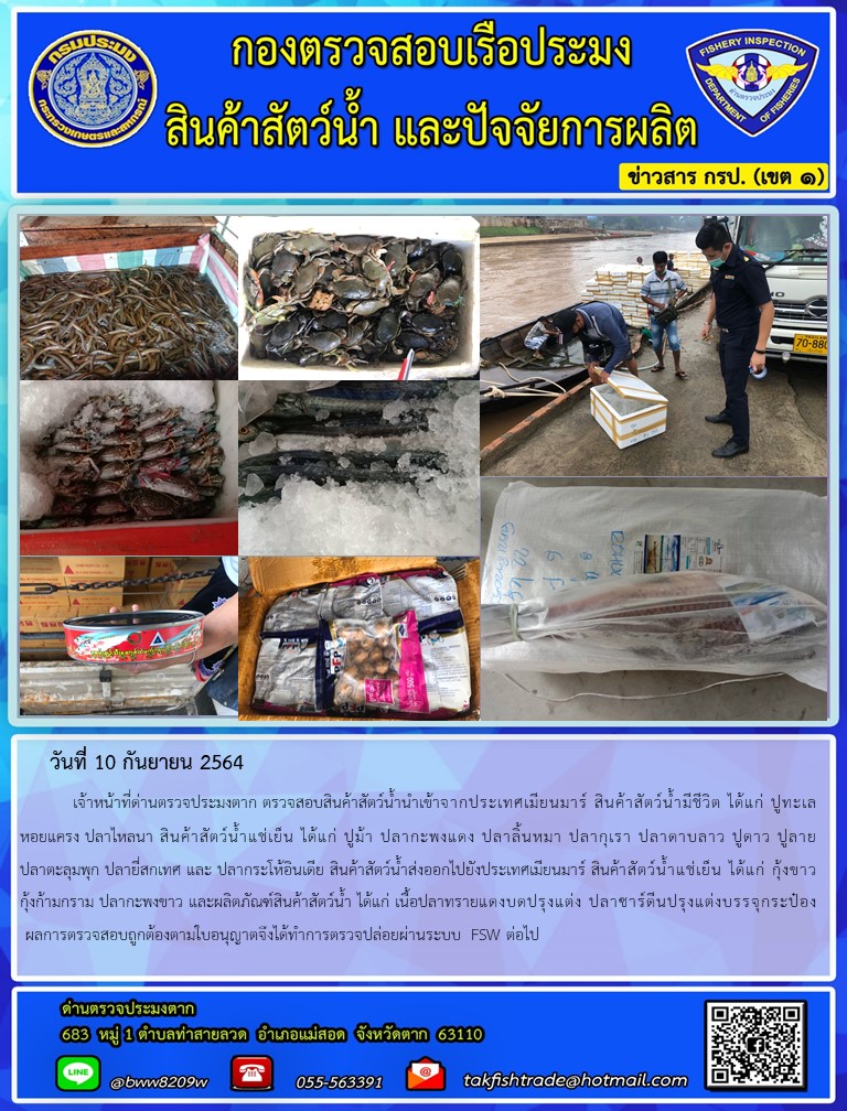 วันที่ 10 กันยายน 2564   	เจ้าหน้าที่ด่านตรวจประมงตาก ตรวจสอบสินค้าสัตว์น้ำนำเข้าจากประเทศเมียนมาร์ สินค้าสัตว์น้ำมีชีวิต ได้แก่ ปูทะเล หอยแครง ปลาไหลนา สินค้าสัตว์น้ำแช่เย็น ได้แก่ ปูม้า ปลากะพงแดง ปลาลิ้นหมา ปลากุเรา ปลาดาบลาว ปูดาว ปูลายปลาตะลุมพุก ปลายี่สกเทศ และ ปลากระโห้อินเดีย สินค้าสัตว์น้ำส่งออกไปยังประเทศเมียนมาร์ สินค้าสัตว์น้ำแช่เย็น ได้แก่ กุ้งขาว กุ้งก้ามกราม ปลากะพงขาว และผลิตภัณฑ์สินค้าสัตว์น้ำ ได้แก่ เนื้อปลาทรายแดงบดปรุงแต่ง ปลาซาร์ดีนปรุงแต่งบรรจุกระป๋อง ผลการตรวจสอบถูกต้องตามใบอนุญาตจึงได้ทำการตรวจปล่อยผ่านระบบ FSW ต่อไป..คลิก