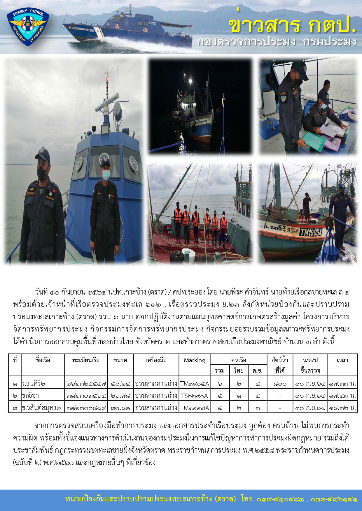 วันที่ 10 กันยายน 2564 กิจกรรมการจัดการทรัพยากรประมง กิจกรรมย่อยรวบรวมข้อมูลสภาวะทรัพยากรประมง เรือตรวจประมงทะเล 612 , เรือตรวจประมง ย.23..คลิก