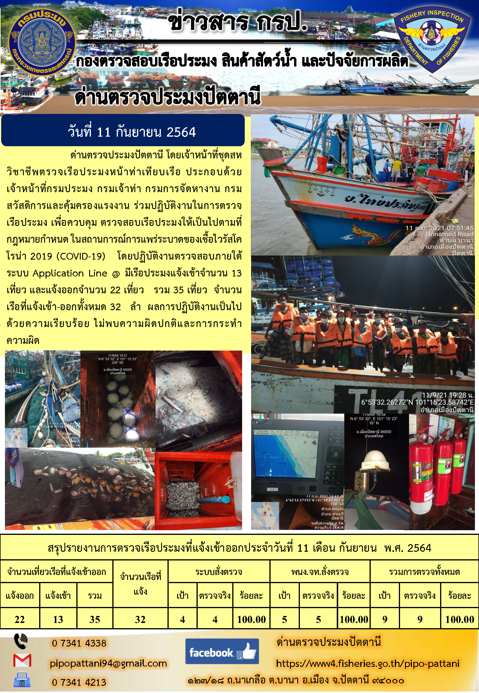ข่าวสารการปฏิบัติงาน ด่านตรวจประมงปัตตานี 11 ก.ย. 64..คลิก