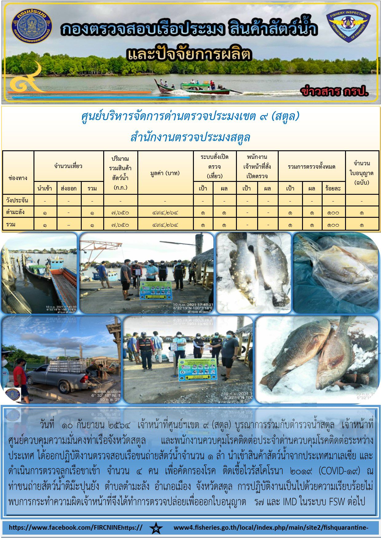 ประชาสัมพันธ์การปฏิบัติงานศูนย์บริหารจัดการด่านตรวจประมงเขต 9 (สตูล) ประจำวันที่ 6-10 กันยายน 2564..คลิก