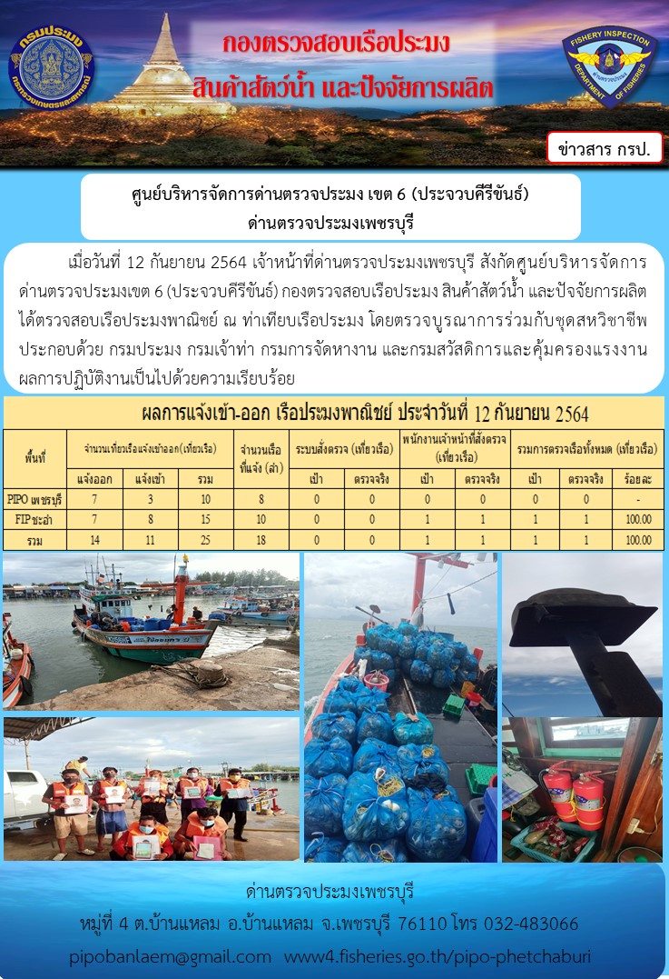 ข่าวประชาสัมพันธ์ ด่านตรวจประมงเพชรบุรี สถิติเรือที่แจ้งเข้า - ออก ประจำวันที่ 12 ก.ย. 2564..คลิก