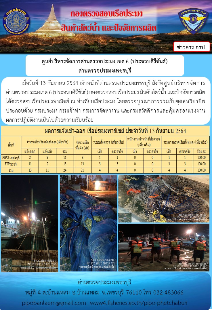 ข่าวประชาสัมพันธ์ ด่านตรวจประมงเพชรบุรี สถิติเรือที่แจ้งเข้า - ออก ประจำวันที่ 13 ก.ย. 2564..คลิก