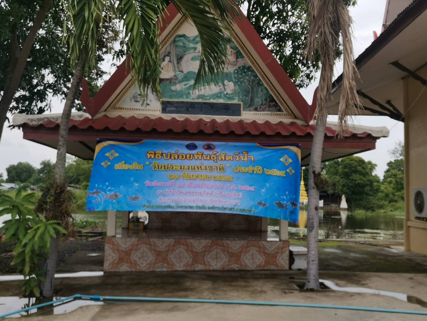 จัดเตรียมสถานที่ติดตั้งป้าย จัดกิจกรรมปล่อยปลาวันประมงแห่งชาติ อำเภอบ้านนา..คลิก