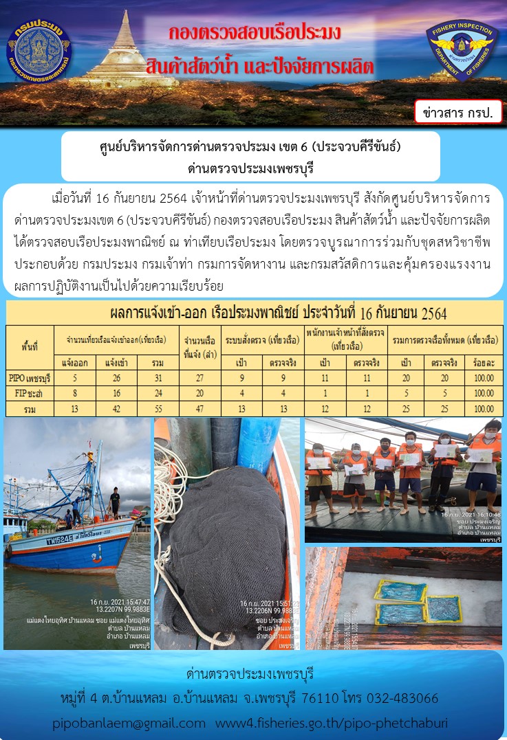 ข่าวประชาสัมพันธ์ ด่านตรวจประมงเพชรบุรี สถิติเรือที่แจ้งเข้า - ออก ประจำวันที่ 16 ก.ย. 2564..คลิก