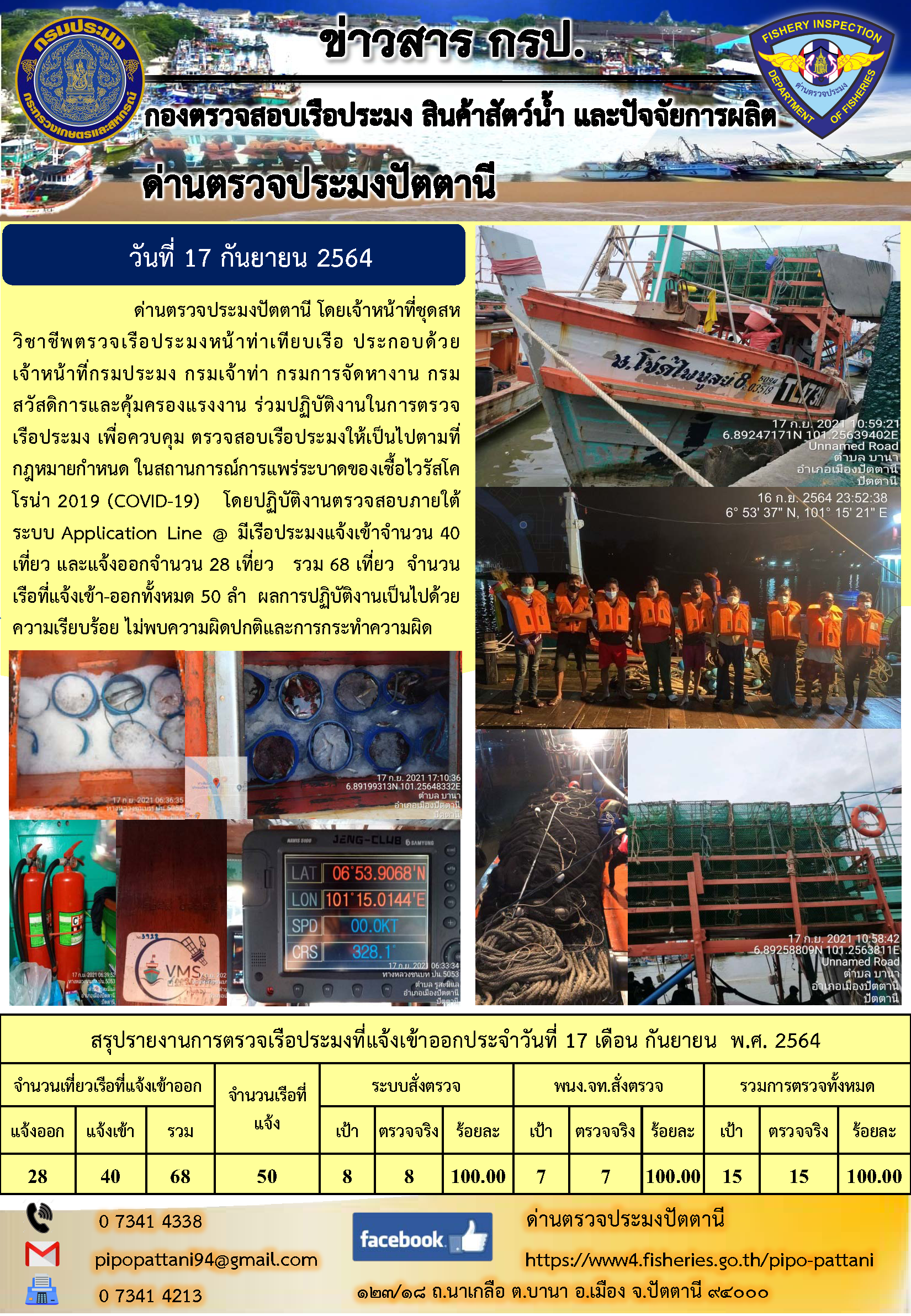 ข่าวสารการปฏิบัติงาน ด่านตรวจประมงปัตตานี 17 ก.ย. 64..คลิก