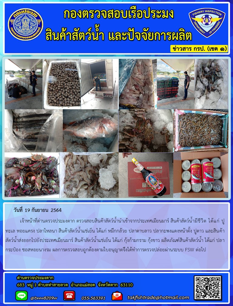 วันที่ 19 กันยายน 2564   	เจ้าหน้าที่ด่านตรวจประมงตาก ตรวจสอบสินค้าสัตว์น้ำนำเข้าจากประเทศเมียนมาร์ สินค้าสัตว์น้ำมีชีวิต ได้แก่ ปูทะเล หอยแครง ปลาไหลนา สินค้าสัตว์น้ำแช่เย็น ได้แก่ หมึกกล้วย ปลาดาบลาว ปลากะพงแดงหน้าตั้ง ปูดาว และสินค้าสัตว์น้ำส่งออกไปยังประเทศเมียนมาร์ สินค้าสัตว์น้ำแช่เย็น ได้แก่ กุ้งก้ามกราม กุ้งขาว ผลิตภัณฑ์สินค้าสัตว์น้ำ ได้แก่ ปลากระป๋อง ซอสหอยนางรม ผลการตรวจสอบถูกต้องตามใบอนุญาตจึงได้ทำการตรวจปล่อยผ่านระบบ FSW ต่อไป..คลิก