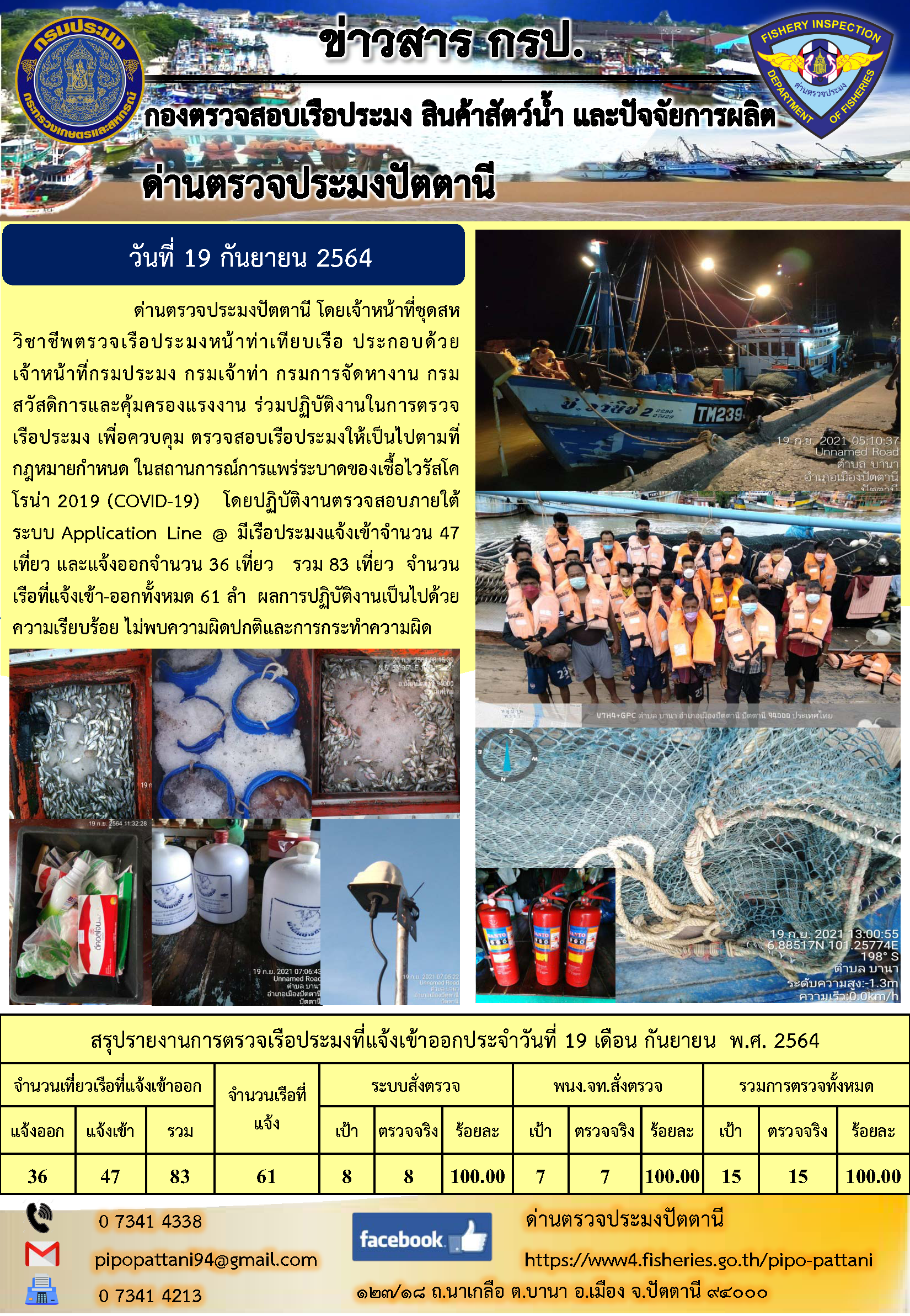 ข่าวสารการปฏิบัติงาน ด่านตรวจประมงปัตตานี 19 ก.ย. 64..คลิก