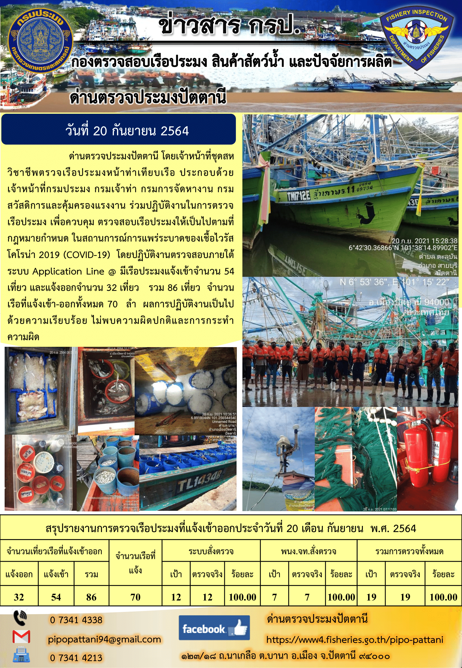 ข่าวสารการปฏิบัติงาน ด่านตรวจประมงปัตตานี 20 ก.ย. 64..คลิก