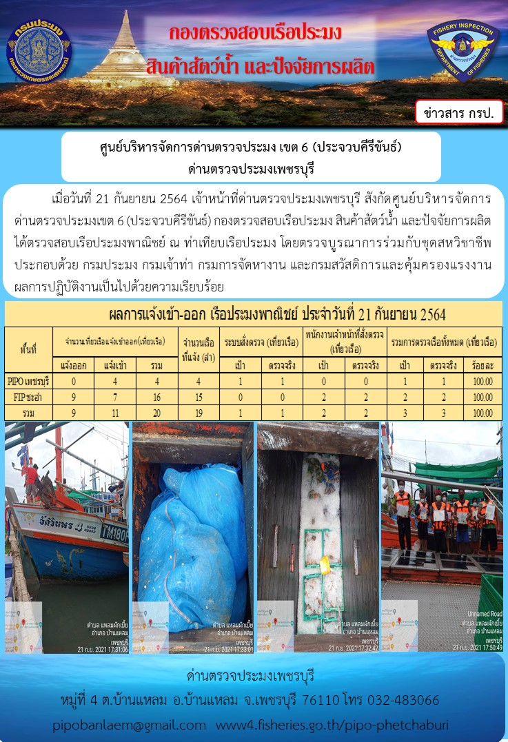ข่าวประชาสัมพันธ์ ด่านตรวจประมงเพชรบุรี สถิติเรือที่แจ้งเข้า - ออก ประจำวันที่ 21 ก.ย. 2564..คลิก
