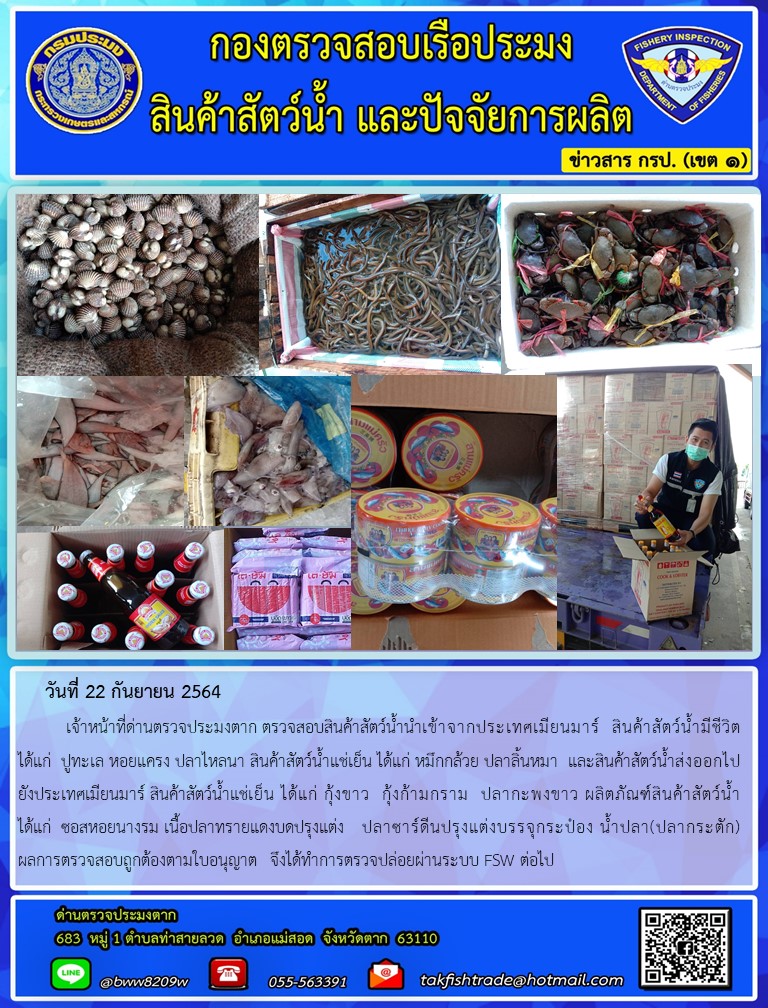 วันที่ 22 กันยายน 2564   	เจ้าหน้าที่ด่านตรวจประมงตาก ตรวจสอบสินค้าสัตว์น้ำนำเข้าจากประเทศเมียนมาร์  สินค้าสัตว์น้ำมีชีวิต  ได้แก่  ปูทะเล หอยแครง ปลาไหลนา สินค้าสัตว์น้ำแช่เย็น ได้แก่ หมึกกล้วย ปลาลิ้นหมา  และสินค้าสัตว์น้ำส่งออกไปยังประเทศเมียนมาร์ สินค้าสัตว์น้ำแช่เย็น ได้แก่ กุ้งขาว  กุ้งก้ามกราม  ปลากะพงขาว ผลิตภัณฑ์สินค้าสัตว์น้ำ    ได้แก่  ซอสหอยนางรม เนื้อปลาทรายแดงบดปรุงแต่ง   ปลาซาร์ดีนปรุงแต่งบรรจุกระป๋อง ผลการตรวจสอบถูกต้อง       ตามใบอนุญาต  จึงได้ทำการตรวจปล่อยผ่านระบบ FSW ต่อไป..คลิก