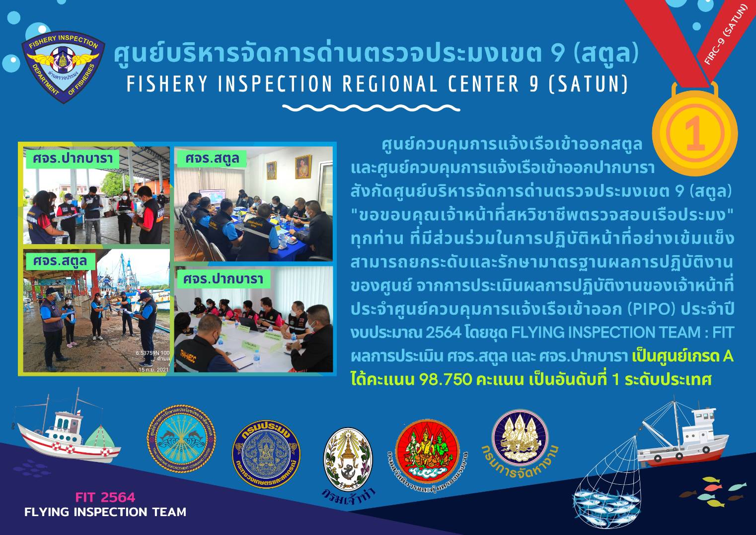 ศจร.สตูล และ ศจร.ปากบารา ซึ่งเป็นหน่วยงานในสังกัด ศบป.9 (สตูล) ได้คะแนนประเมินผลการปฏิบัติงานตรวจสอบเรือประมง ณ ท่าเทียบเรือ ประจำปีงบประมาณ 2564 จากชุด FIT : Frying Inspection Team เท่ากับ 98.750 คะแนนเท่ากันทั้ง 2 ศจร. อยู่ในระดับ A และเป็นอันดับ 1 เมื่อเทียบกับคะแนนของทุก ศจร.ในภาพรวมของประเทศ..คลิก