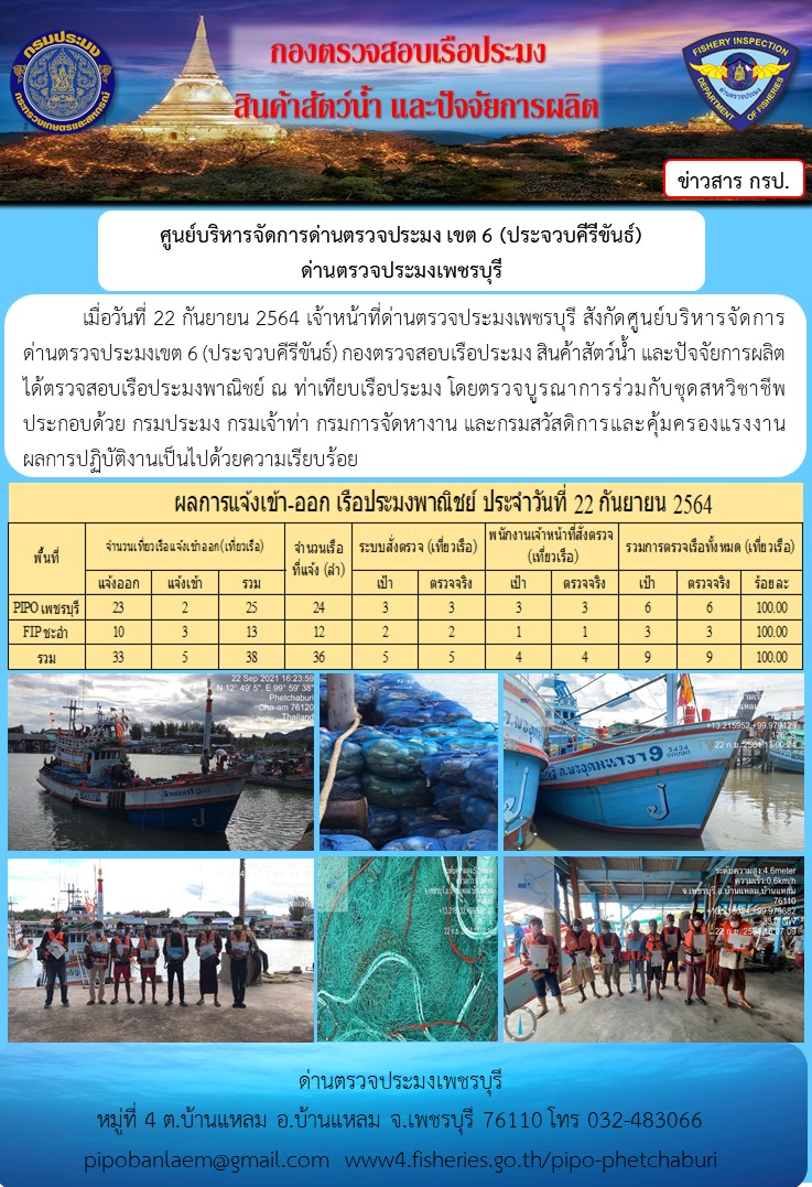 ข่าวประชาสัมพันธ์ ด่านตรวจประมงเพชรบุรี สถิติเรือที่แจ้งเข้า - ออก ประจำวันที่ 22 ก.ย. 2564..คลิก
