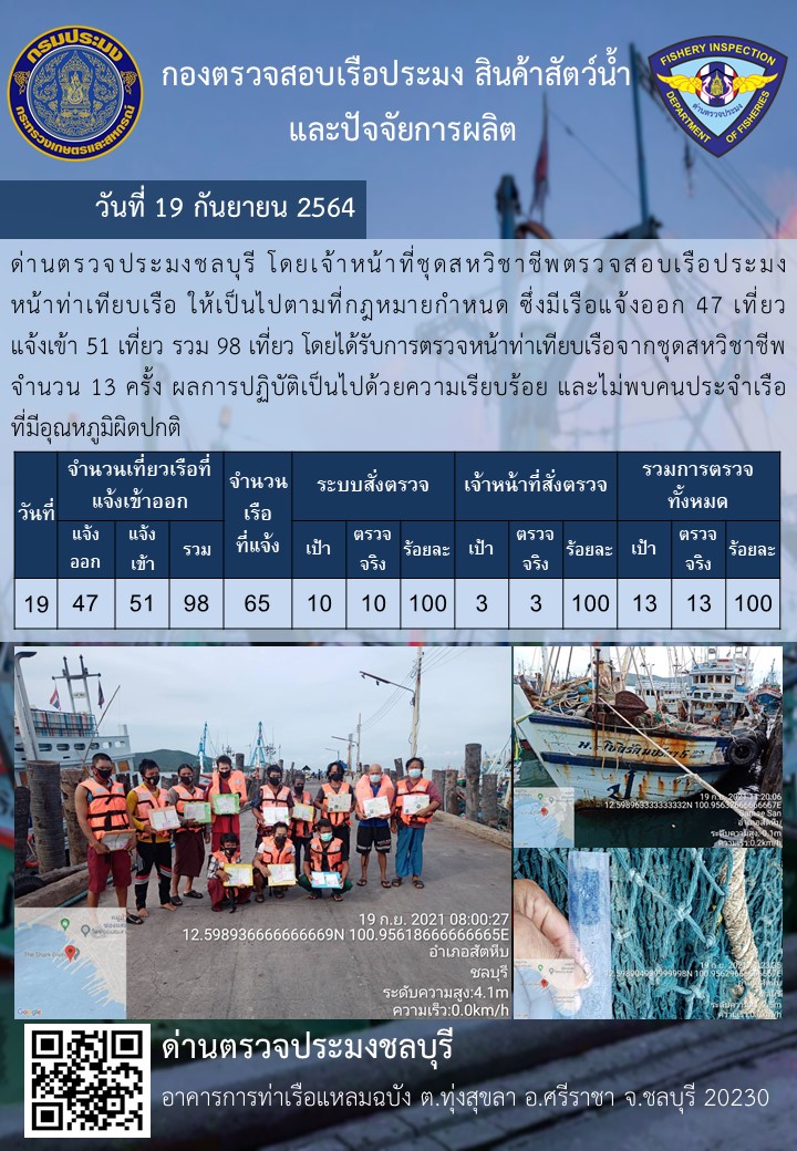 การปฏิบัติงานของเจ้าหน้าที่ด่านตรวจประมงชลบุรีประจำวันที่ 19 กันยายน 2564..คลิก