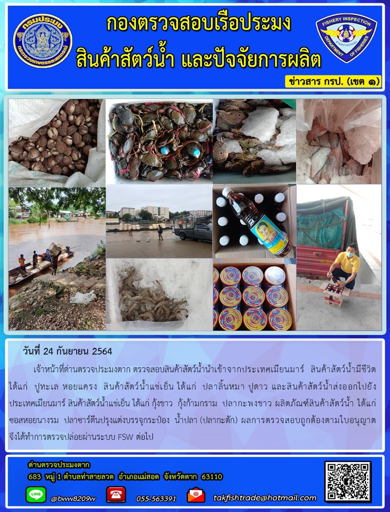 วันที่ 24 กันยายน 2564   	เจ้าหน้าที่ด่านตรวจประมงตาก ตรวจสอบสินค้าสัตว์น้ำนำเข้าจากประเทศเมียนมาร์  สินค้าสัตว์น้ำมีชีวิต  ได้แก่  ปูทะเล หอยแครง  สินค้าสัตว์น้ำแช่เย็น ได้แก่  ปลาลิ้นหมา ปูดาว และสินค้าสัตว์น้ำส่งออกไปยัง          ประเทศเมียนมาร์ สินค้าสัตว์น้ำแช่เย็น ได้แก่ กุ้งขาว  กุ้งก้ามกราม  ปลากะพงขาว ผลิตภัณฑ์สินค้าสัตว์น้ำ ได้แก่  ซอสหอยนางรม  ปลาซาร์ดีนปรุงแต่งบรรจุกระป๋อง  น้ำปลา (ปลากะตัก) ผลการตรวจสอบถูกต้องตามใบอนุญาต                           จึงได้ทำการตรวจปล่อยผ่านระบบ FSW ต่อไป..คลิก