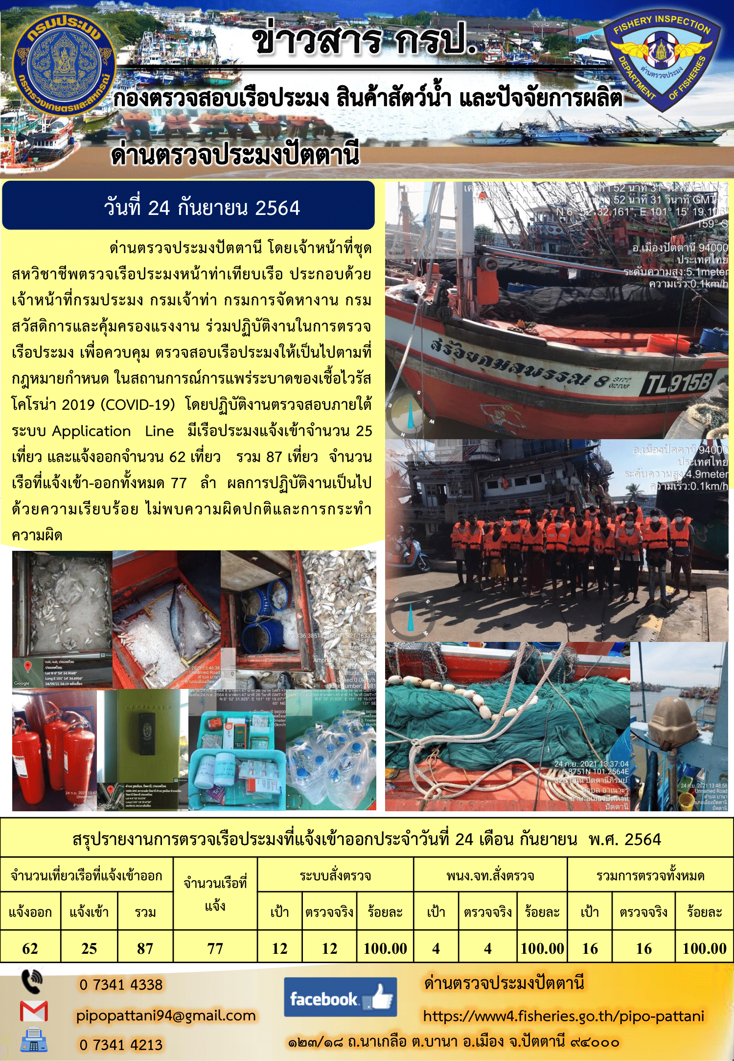 ข่าวสารการปฏิบัติงาน ด่านตรวจประมงปัตตานี 24 ก.ย. 64..คลิก