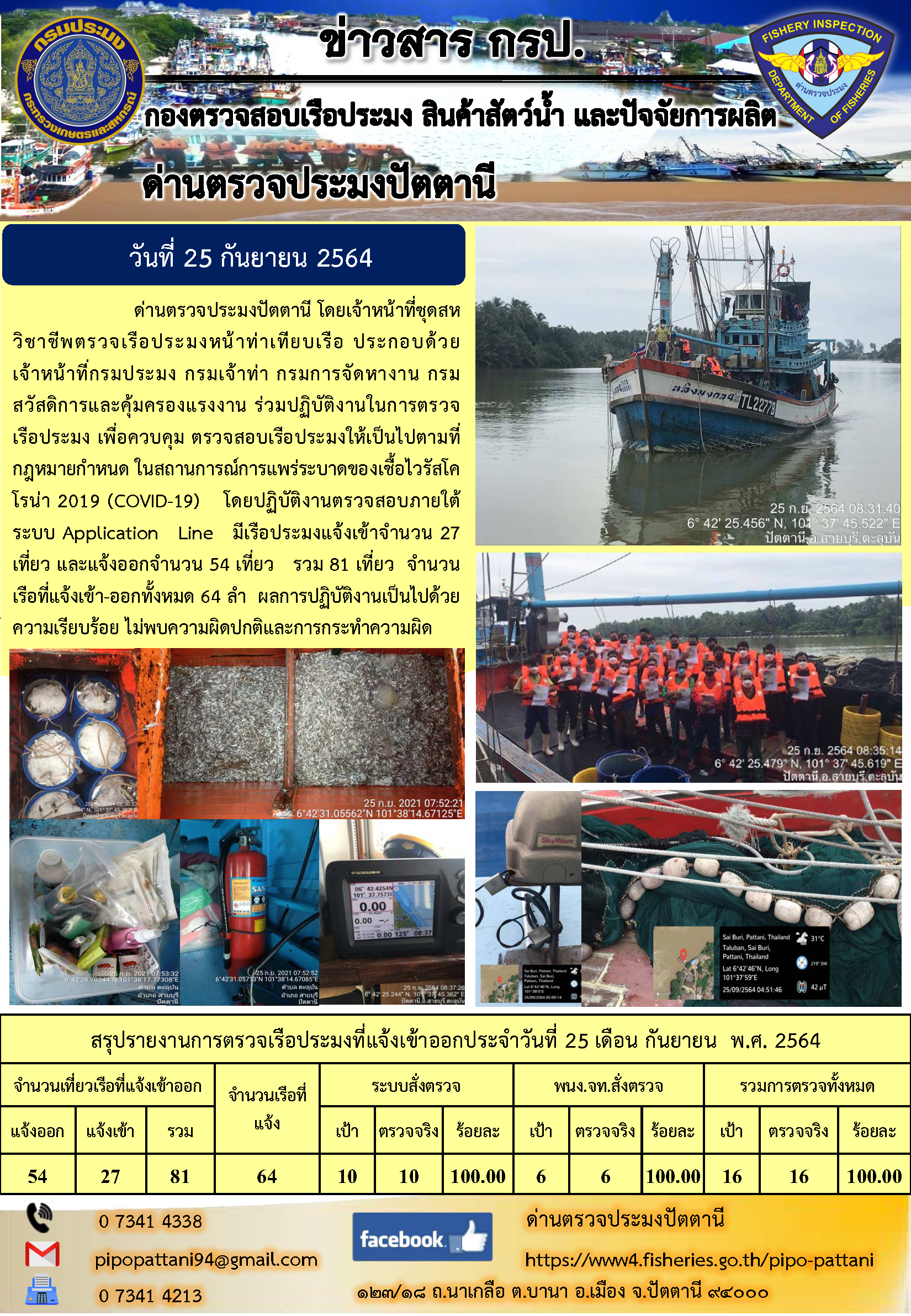 ข่าวสารการปฏิบัติงาน ด่านตรวจประมงปัตตานี 25 ก.ย. 64..คลิก
