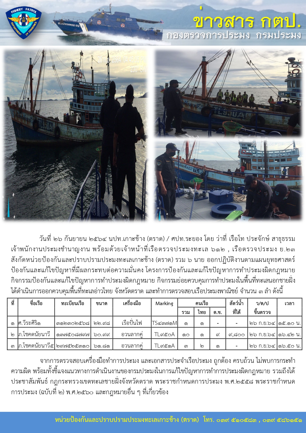 วันที่ 26 กันยายน 2564 ควบคุมการทำประมงในพื้นที่ทะเลนอกชายฝั่ง เรือตรวจประมงทะเล 612 , เรือตรวจประมง ย.23..คลิก