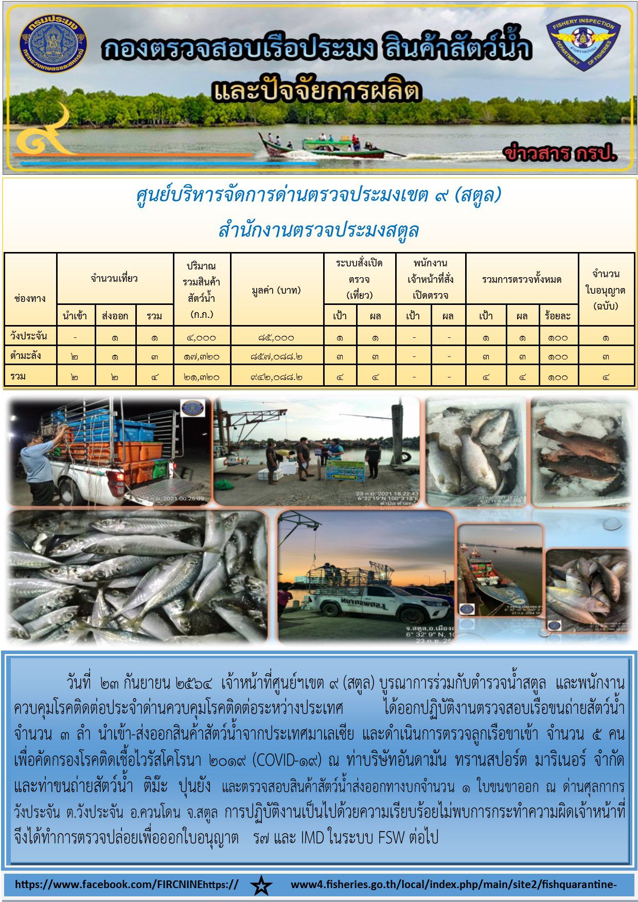 ประชาสัมพันธ์การปฏิบัติงานศูนย์บริหารจัดการด่านตรวจประมงเขต 9(สตูล) ประจำวันที่ 21-25 กันยายน 2564..คลิก