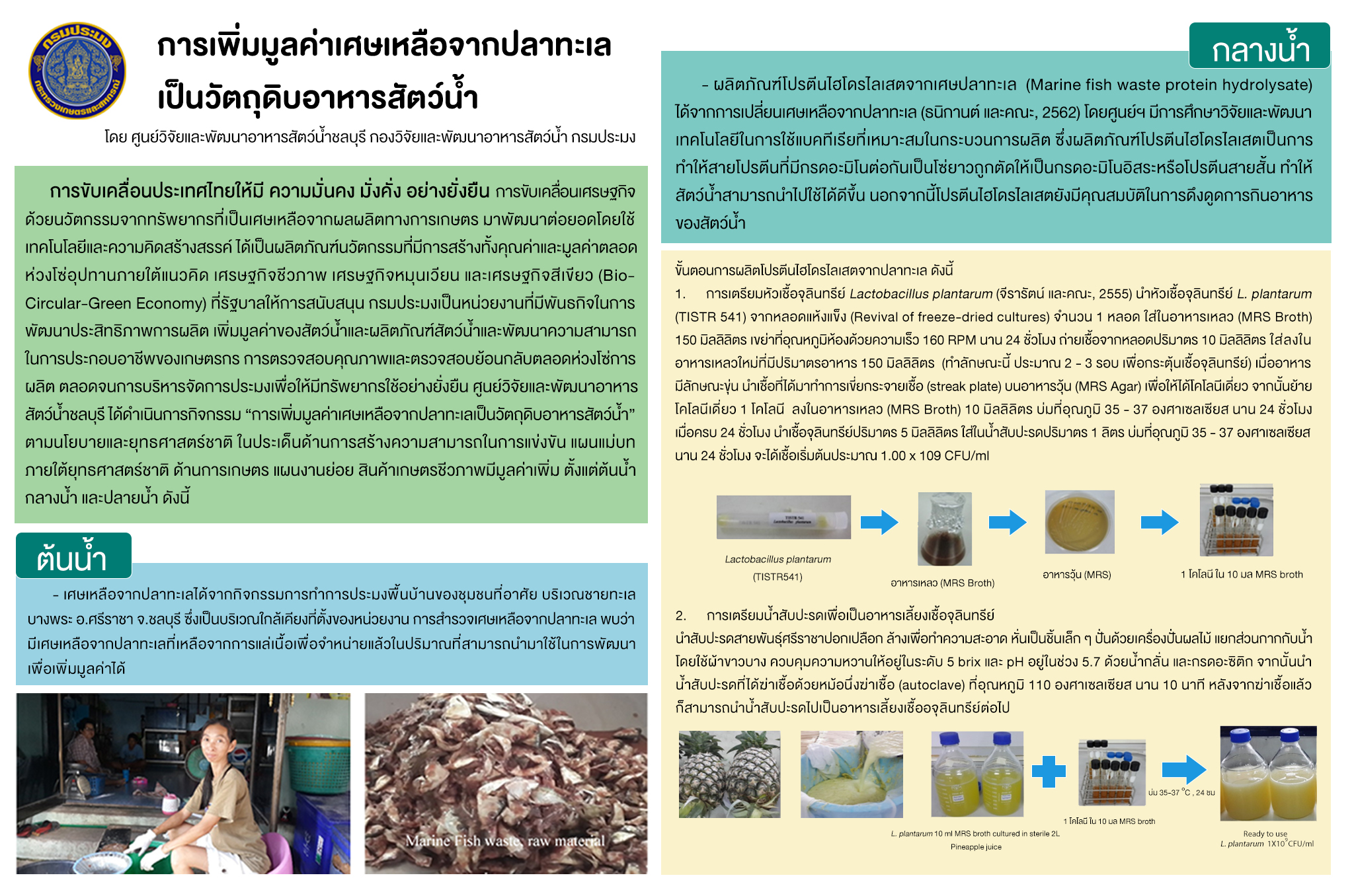 บทความวิชาการ เรื่อง  การเพิ่มมูลค่าเศษเหลือจากปลาทะเลเป็นวัตถุดิบอาหารสัตว์น้ำ..คลิก