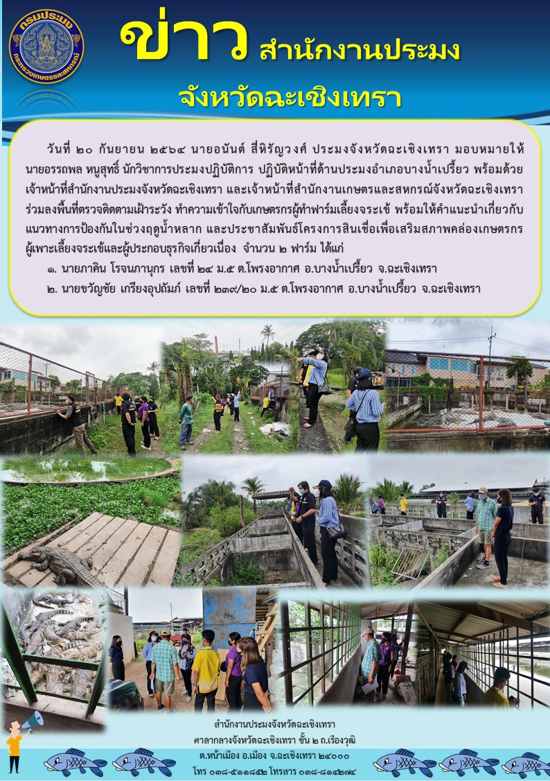 สำนักงานประมงจังหวัดฉะเชิงเทราร่วมบูรณาการกับเจ้าหน้าที่สำนักงานเกษตรและสหกรณ์จังหวัดฉะเชิงเทรา และเกษตรอำเภอบางน้ำเปรี้ยว ลงพื้นที่ตรวจติดตามเฝ้าระวัง พร้อมทั้งทำความเข้าใจกับเกษตรกรผู้ทำฟาร์มจระเข้พร้อมให้คำแนะนำเกี่ยวกับแนวทางการป้องกันในช่วงฤดูน้ำหลาก และประชาสัมพันธ์โครงการสินเชื่อเพื่อเสริมสภาพคล่องเกษตรกรผู้เพาะเลี้ยงจระเข้และผู้ประกอบการธุระกิจเกี่ยวเนื่อง ในเขตพื้นที่อำเภอบางน้ำเปรี้ยว