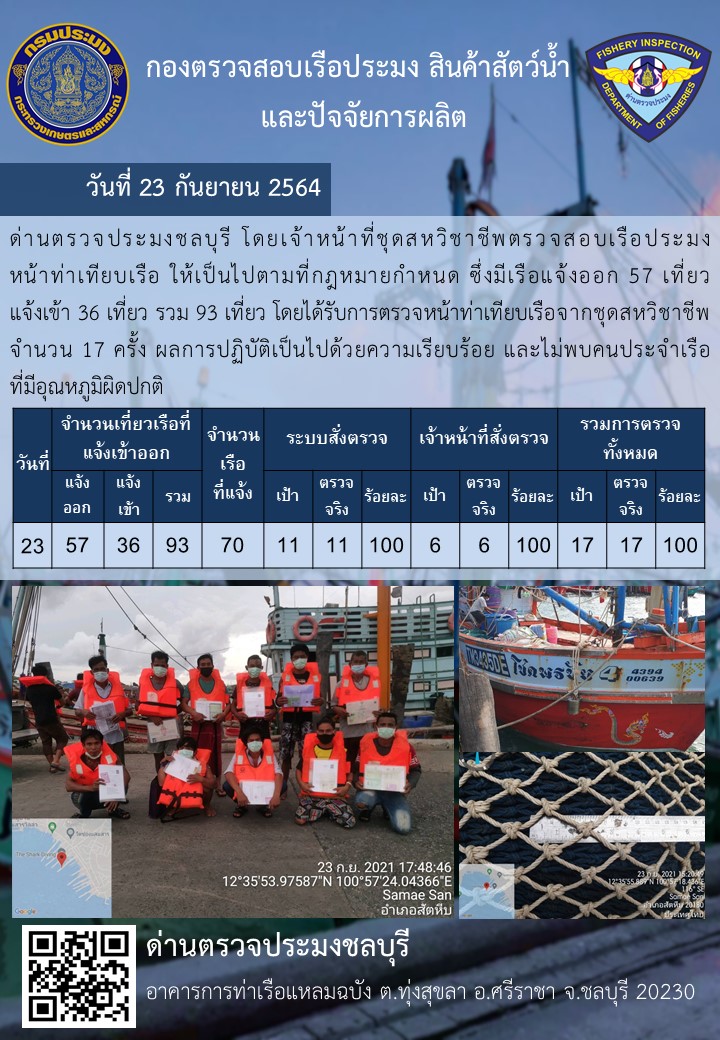 การปฏิบัติงานของเจ้าหน้าที่ด่านตรวจประมงชลบุรีประจำวันที่ 23 กันยายน 2564..คลิก