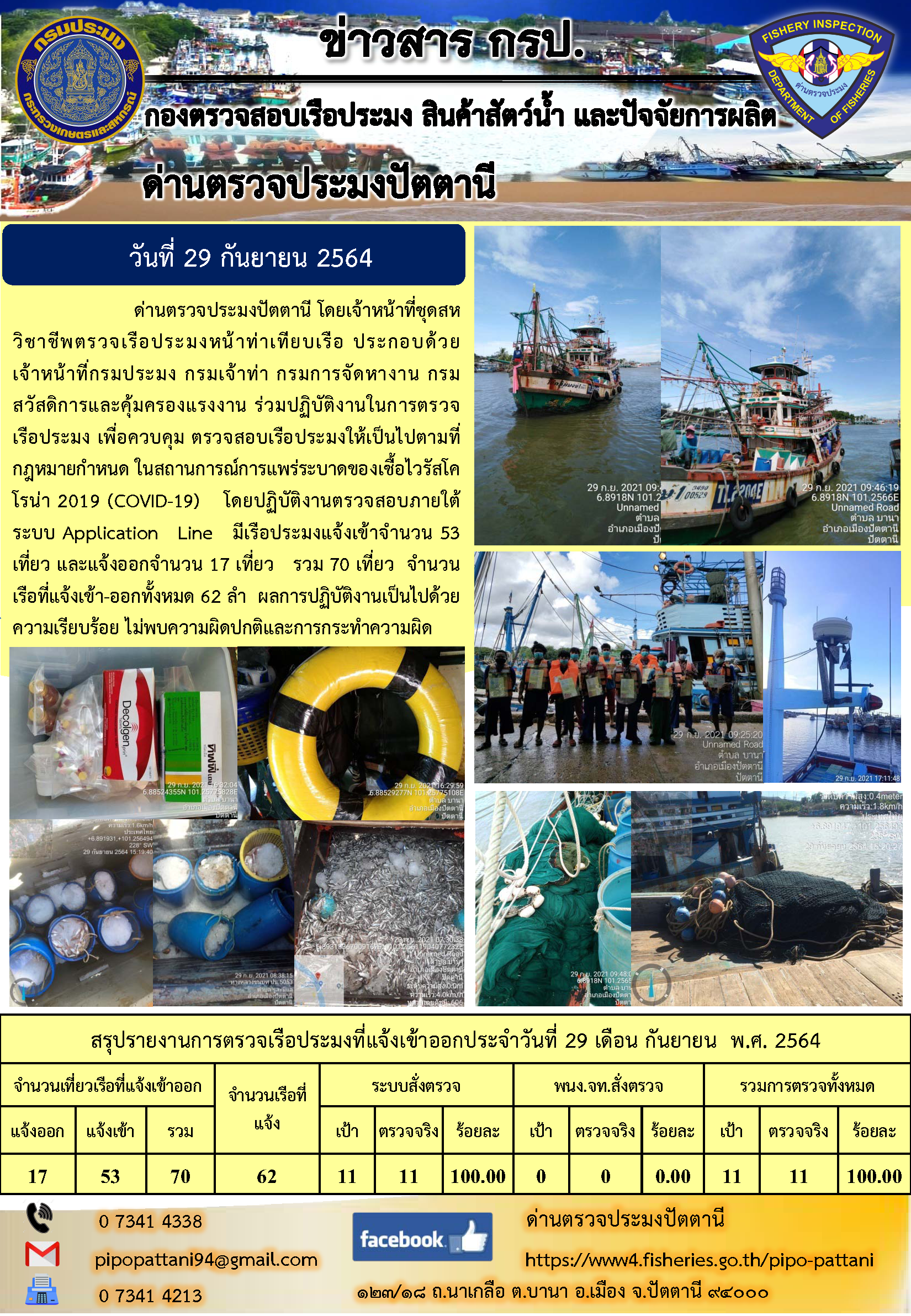 ข่าวสารการปฏิบัติงาน ด่านตรวจประมงปัตตานี 29 ก.ย. 64..คลิก