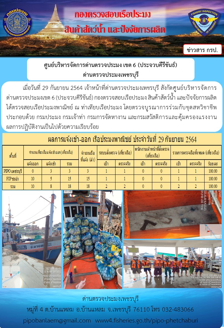ข่าวประชาสัมพันธ์ ด่านตรวจประมงเพชรบุรี สถิติเรือที่แจ้งเข้า - ออก ประจำวันที่ 29 ก.ย. 2564..คลิก