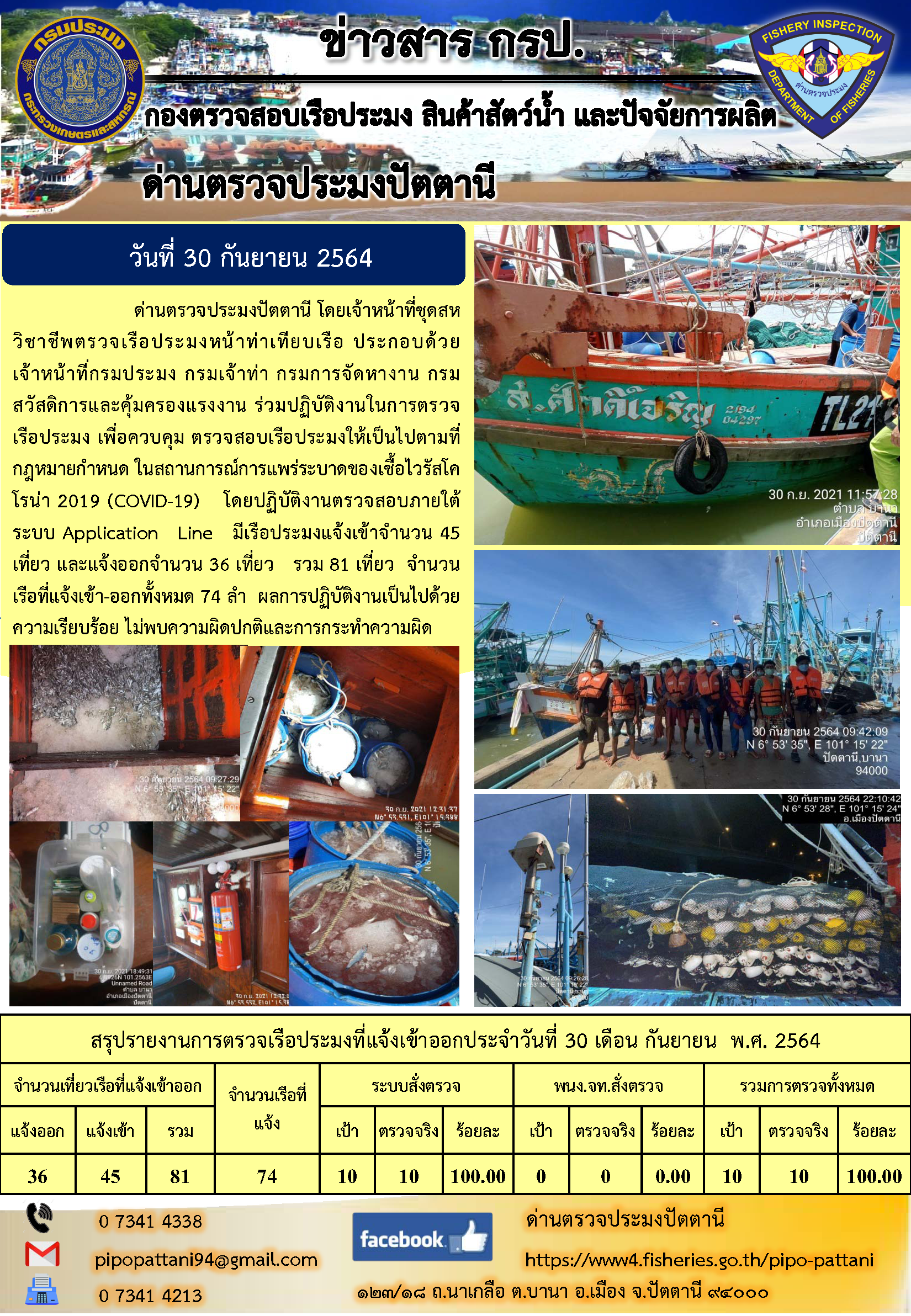 ข่าวสารการปฏิบัติงาน ด่านตรวจประมงปัตตานี 30 ก.ย. 64..คลิก