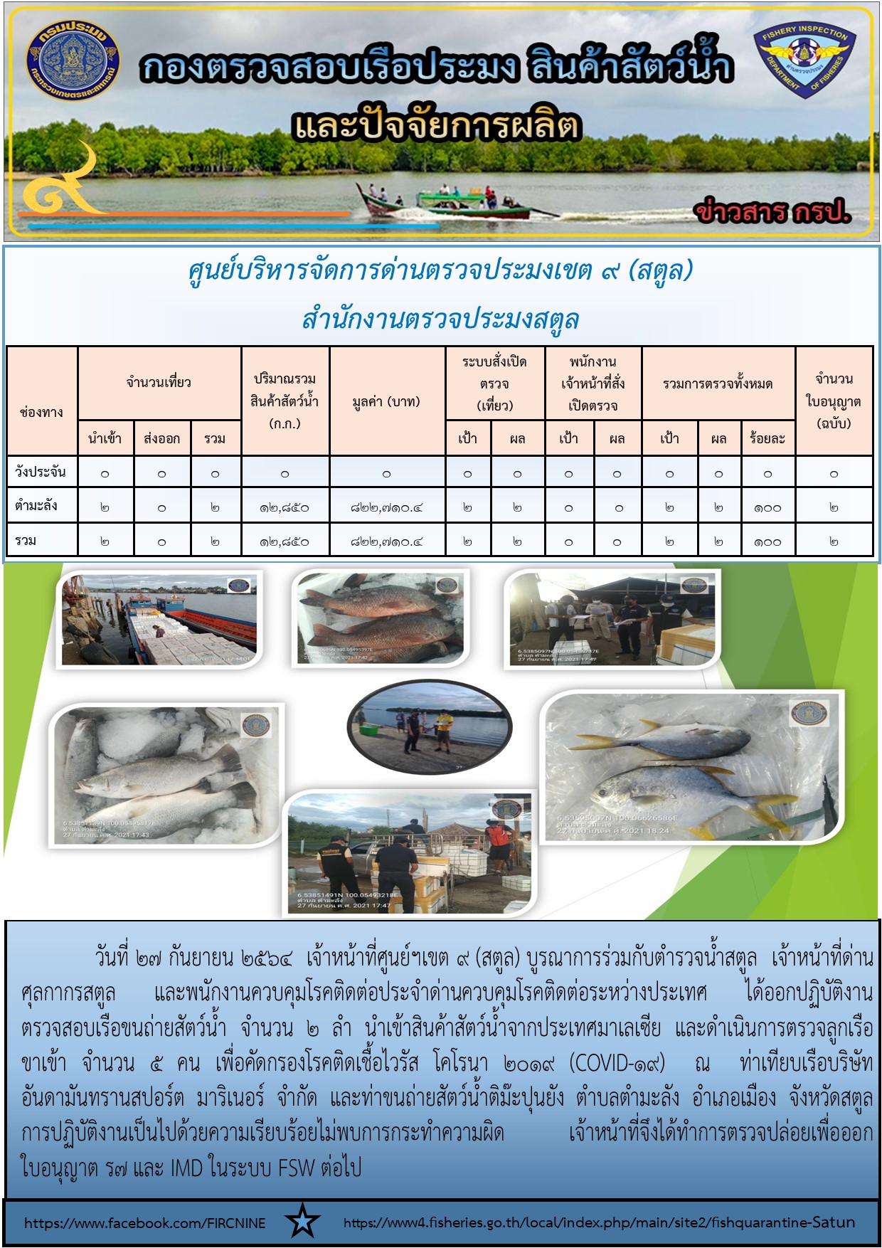 ประชาสัมพันธ์การปฏิบัติงานศูนย์บริหารจัดการด่านตรวจประมงเขต 9 (สตูล) ประจำวันที่ 25-30 กันยายน 2564..คลิก
