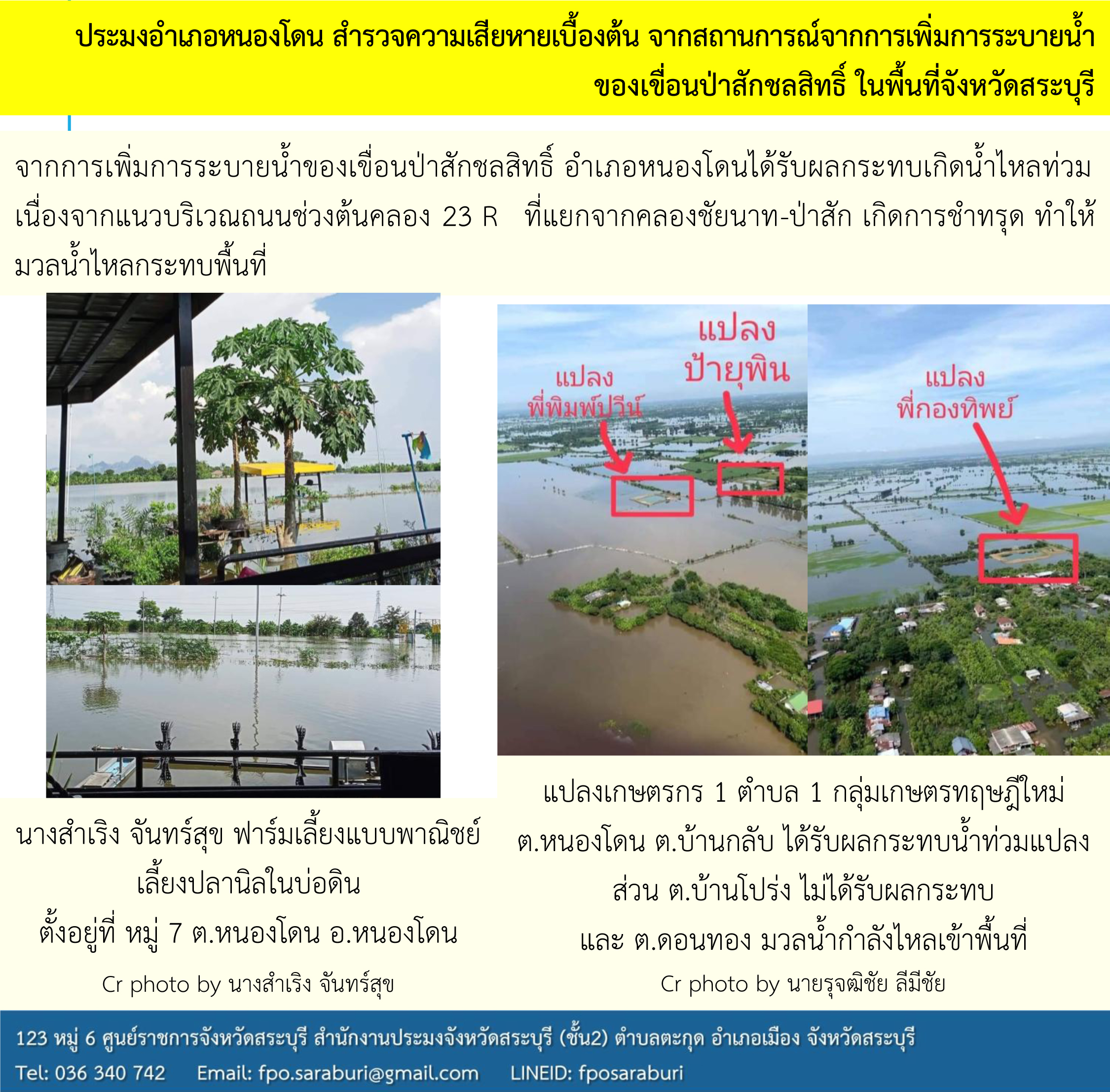 ประมงอำเภอหนองโดน สำรวจความเสียหายเบื้องต้น จากสถานการณ์จากการเพิ่มการระบายน้ำของเขื่อนป่าสักชลสิทธิ์ ในพื้นที่จังหวัดสระบุรี..คลิก