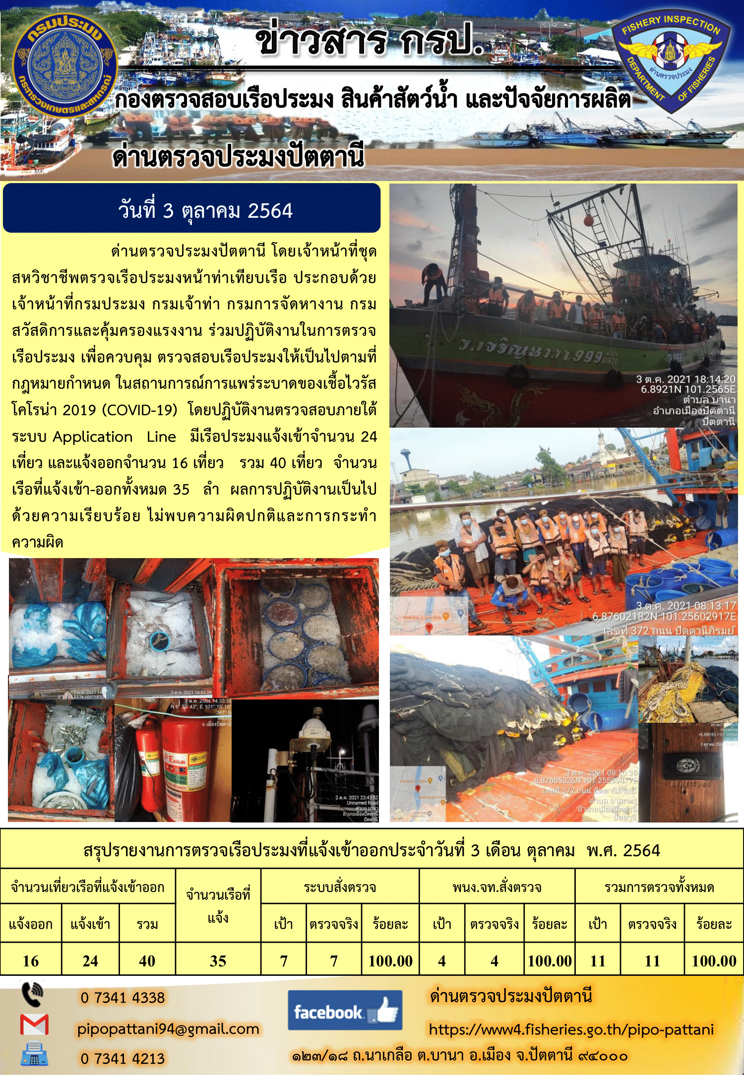 ข่าวสารการปฏิบัติงาน ด่านตรวจประมงปัตตานี 3 ต.ค. 64..คลิก