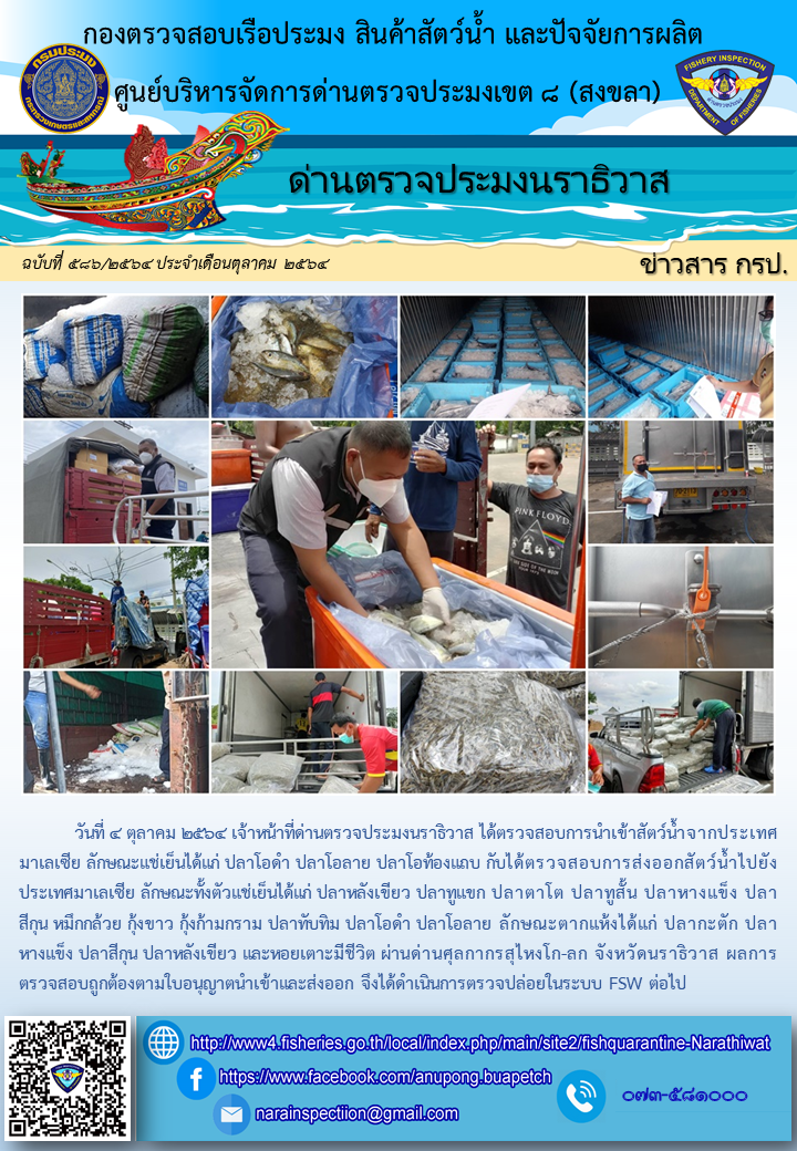 ประชาสัมพันธ์ด่านตรวจประมงนราธิวาส ประจำวันที่ 4 ตุลาคม 2564..คลิก
