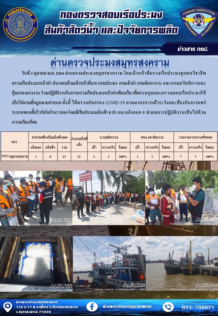 สถิติการแจ้งเข้า - ออกเรือประมงพาณิชย์ ด่านตรวจประมงสมุทรสงคราม ประจำวันที่ 3 ตุลาคม 2564..คลิก