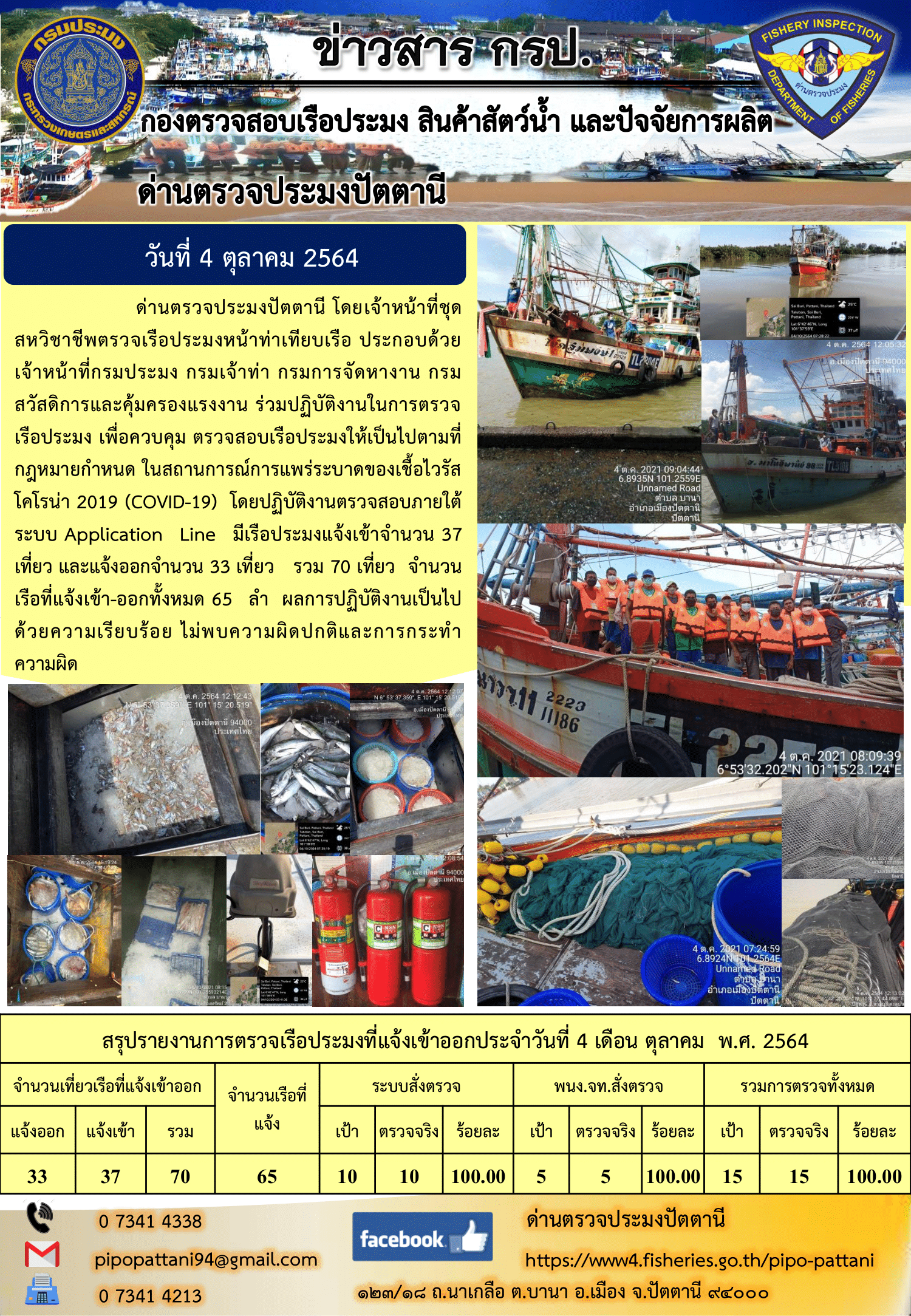 ข่าวสารการปฏิบัติงาน ด่านตรวจประมงปัตตานี 4 ต.ค. 64..คลิก