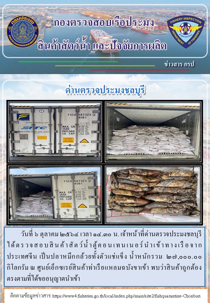 การปฏิบัติงานของเจ้าหน้าที่ด่านตรวจประมงชลบุรีประจำวันที่ 6 ตุลาคม 2564..คลิก